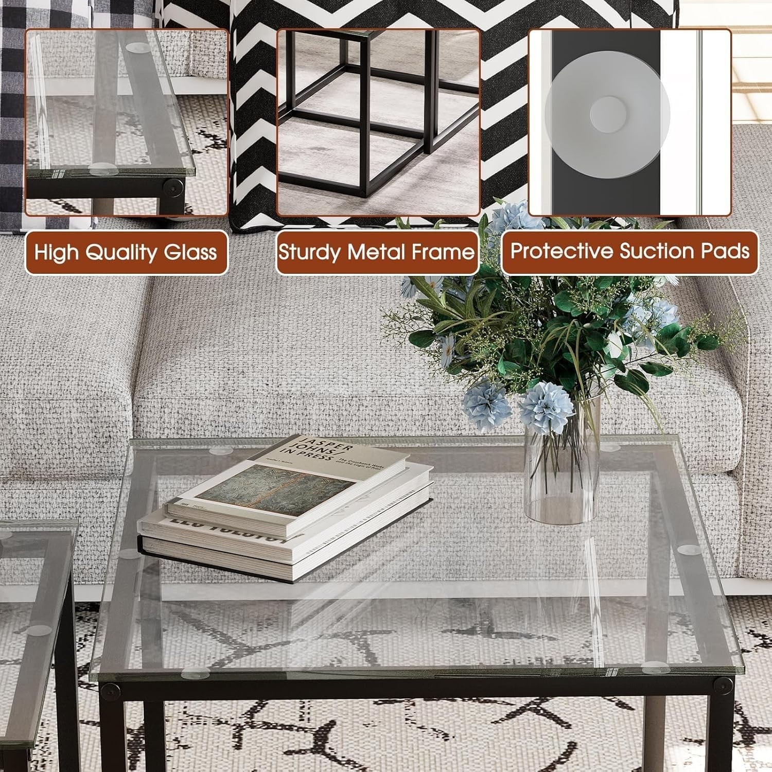 Modern Nesting Coffee Table Set Black Glass End Tables Metal Frame Square