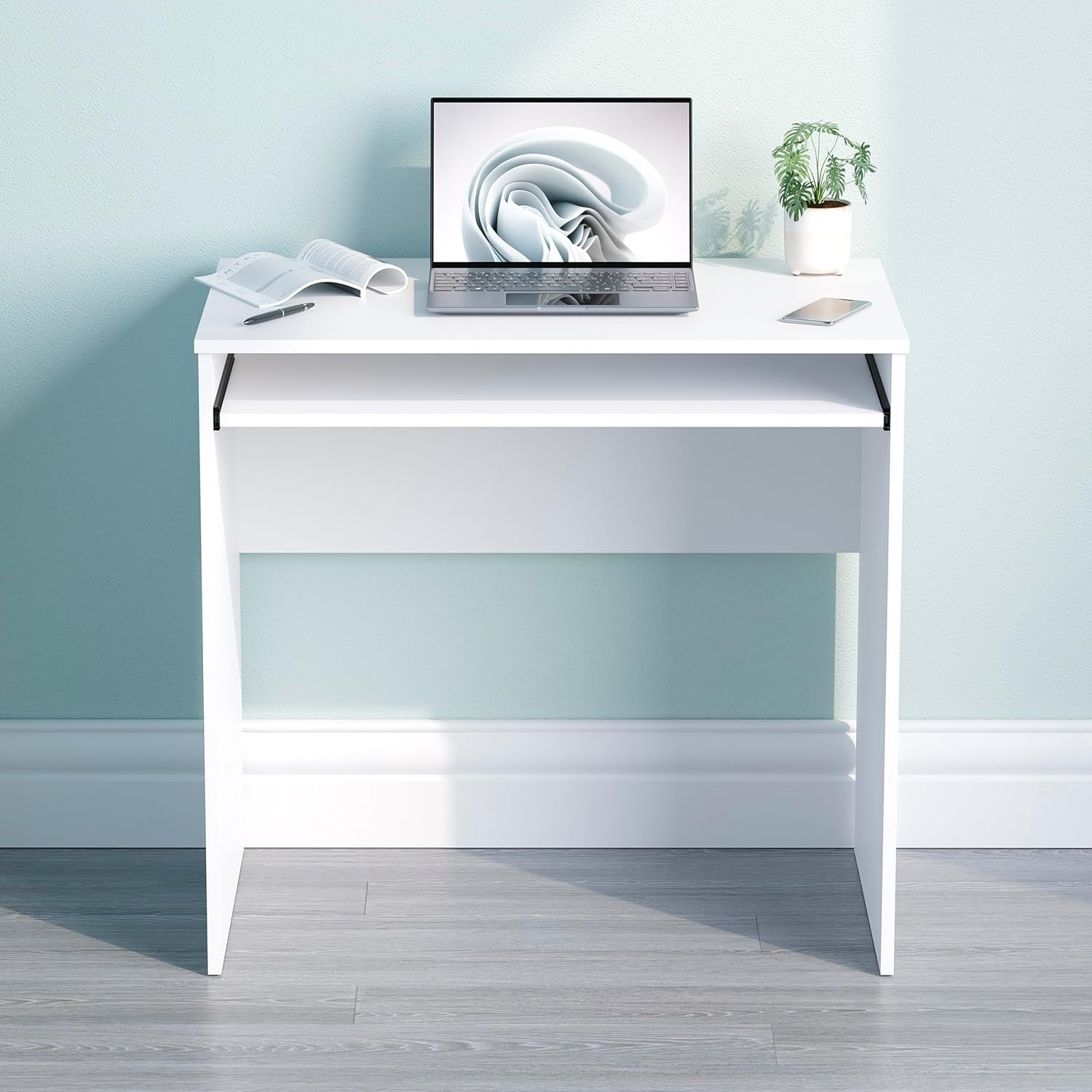 Small Computer Desk with Keyboard Tray Compact PC Laptop Table White