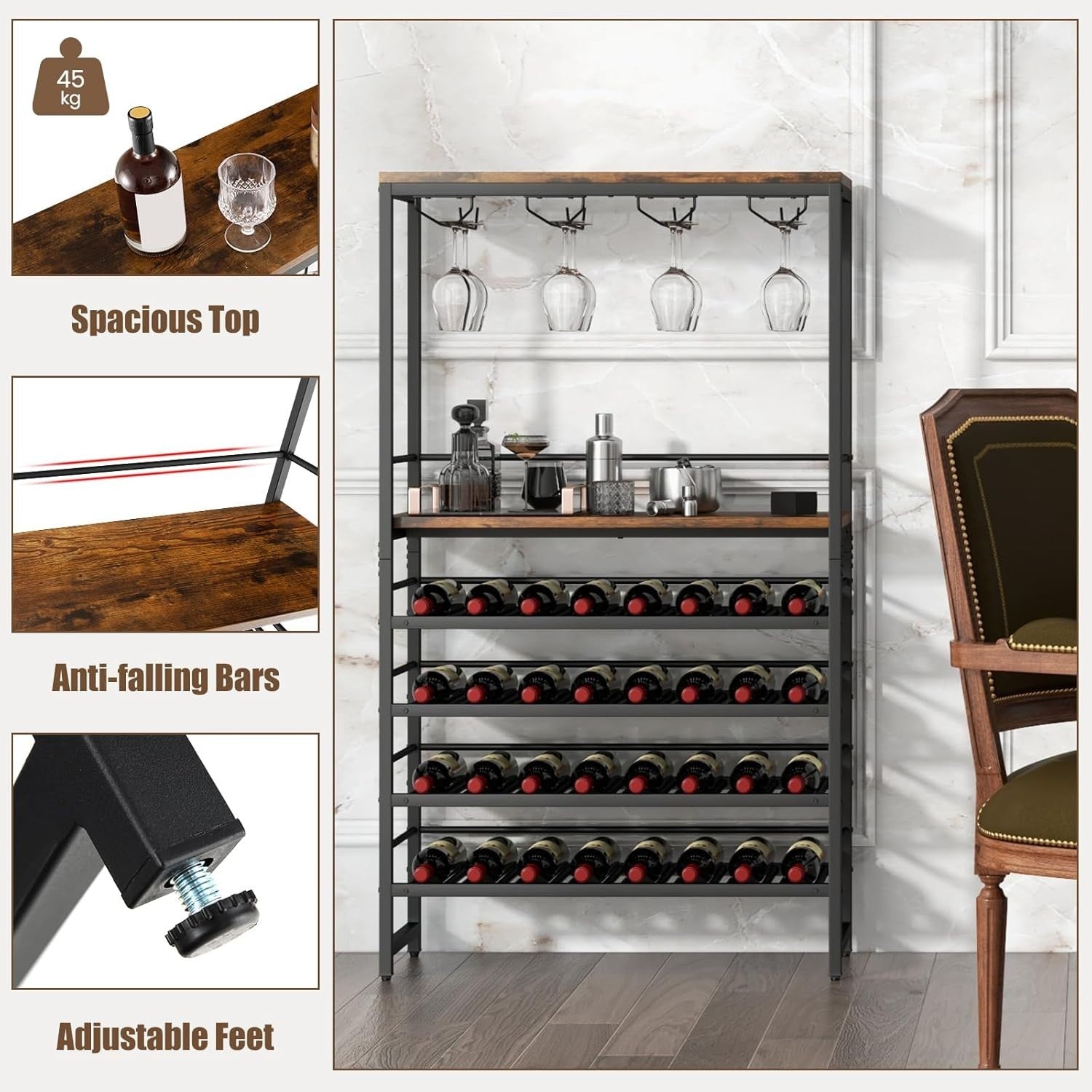 6 Tier Wine Rack 32 Bottle Bar Cabinet with Glass Holder & Display Shelves
