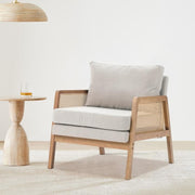 Beige Rattan Armchair with Cushions – Wooden Lounge Chair for Living Room