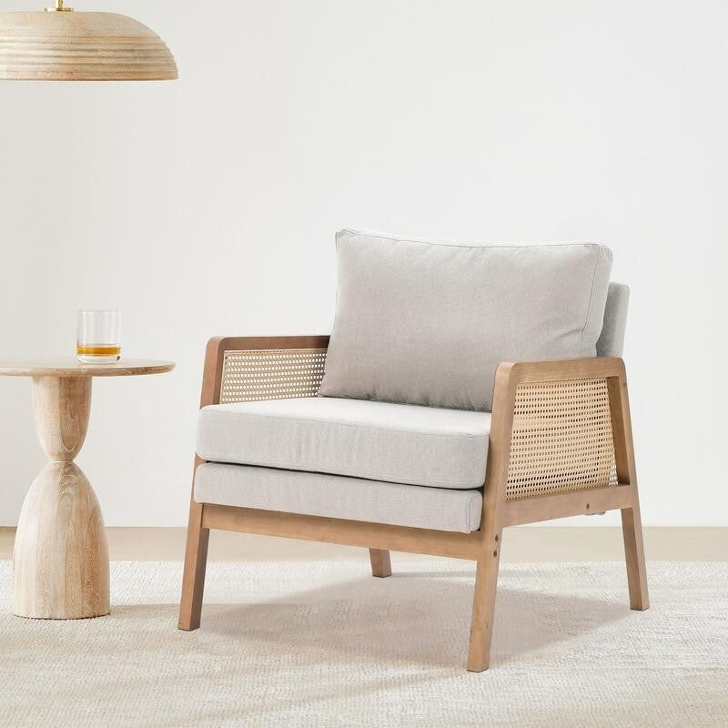 Beige Rattan Armchair with Cushions – Wooden Lounge Chair for Living Room