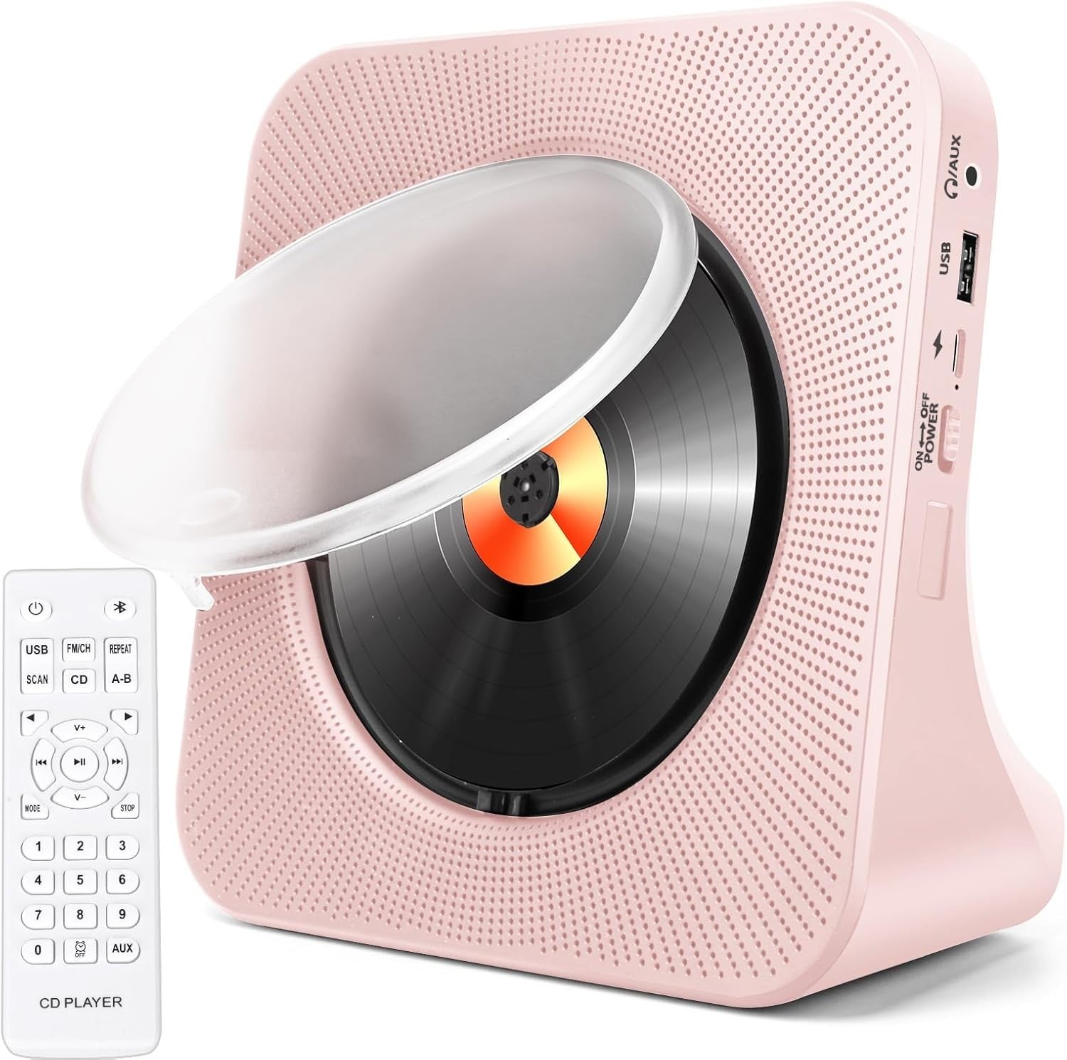 Pink Bluetooth CD Player FM Radio USB AUX HiFi Speakers Remote LED