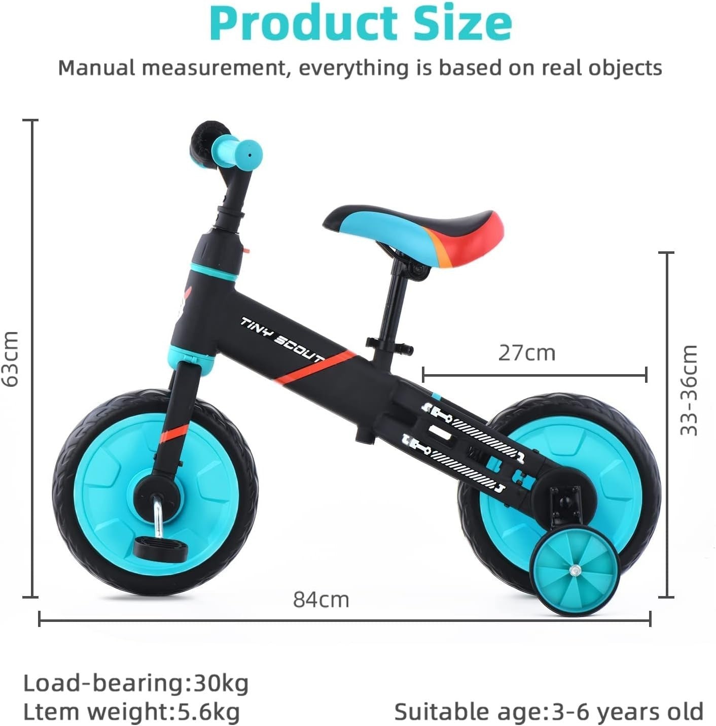 4 in 1 Kids Balance Bike 12" Pedal Bicycle Training Wheels Blue 2-5Y