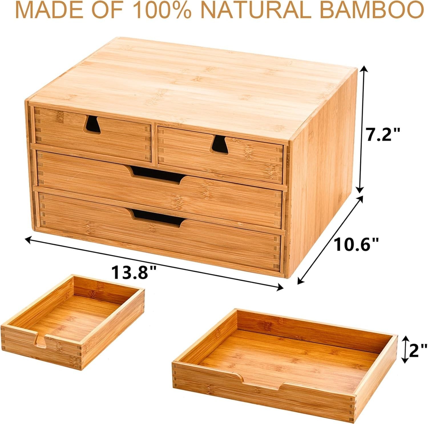 Natural Bamboo Desk Organizer 4-Drawer Desktop Storage Cabinet