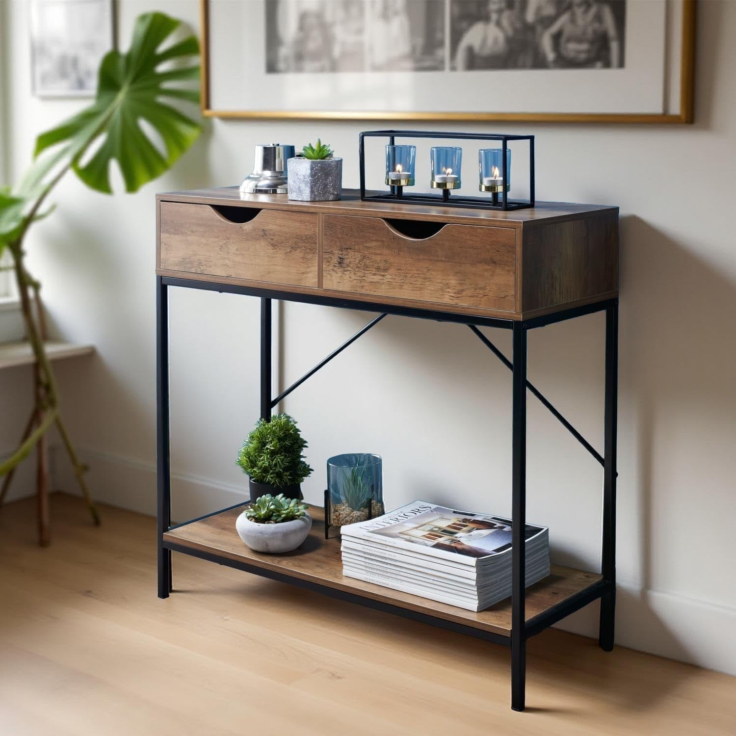 Modern 2-Drawer Console Table with Wooden Shelves & Black Metal Frame