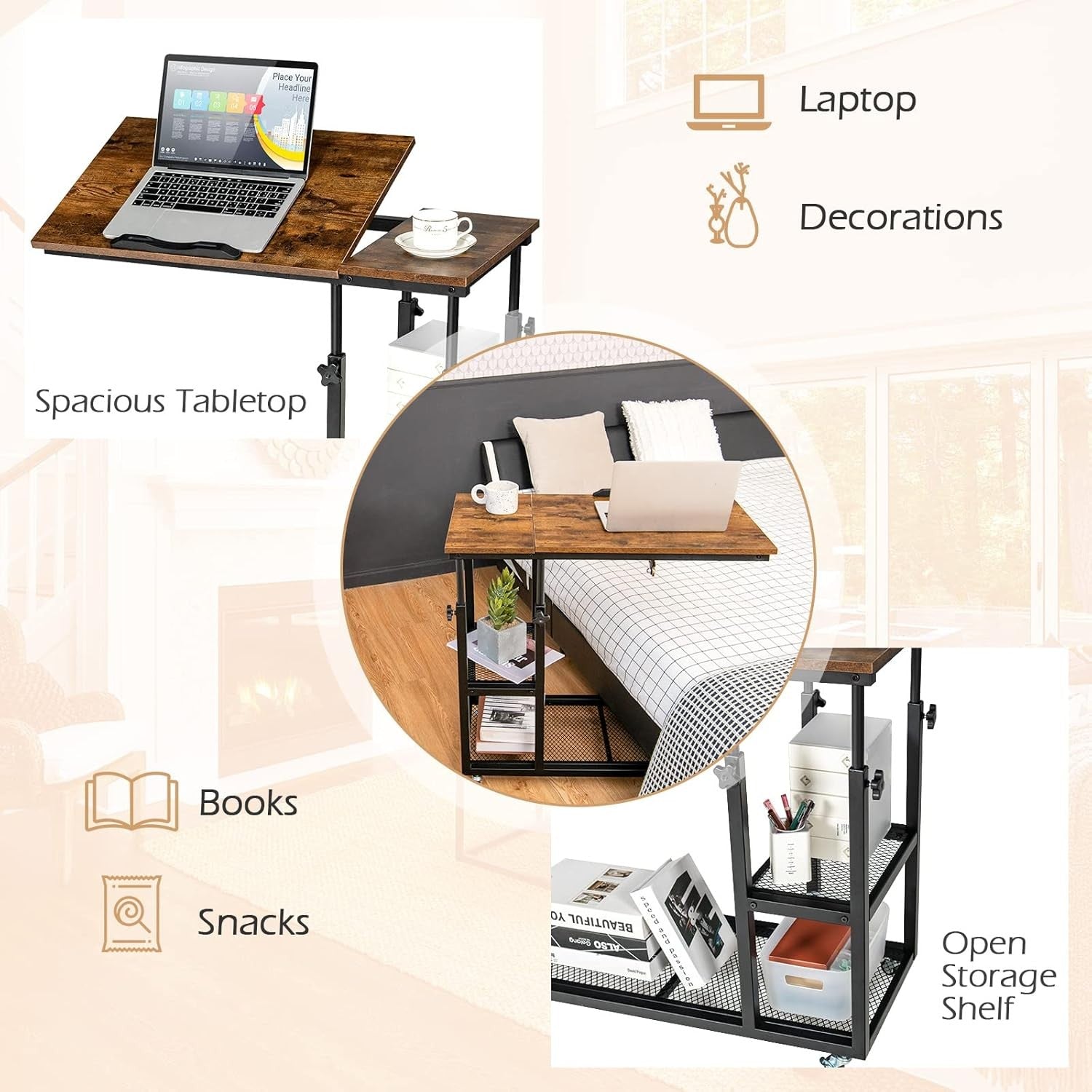 Rustic Brown Overbed Table with Wheels Adjustable Sofa Side Laptop Desk