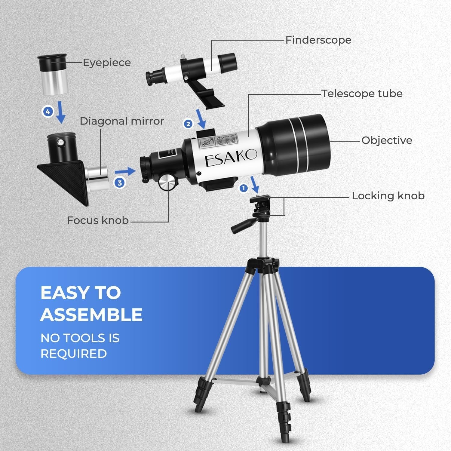 70mm Aperture Portable Telescope for Kids & Adults with Tripod - White
