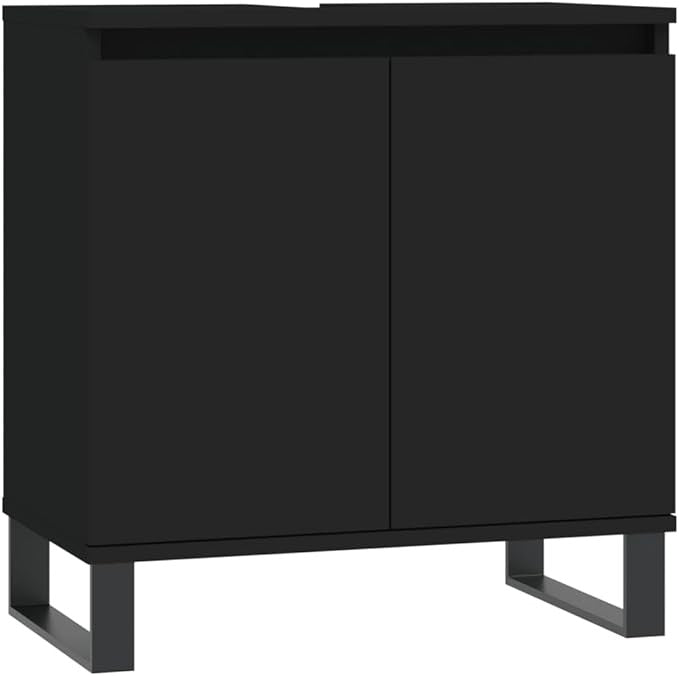 Black Under Sink Bathroom Cabinet 58cm Modern Vanity Unit with Doors & Metal Leg