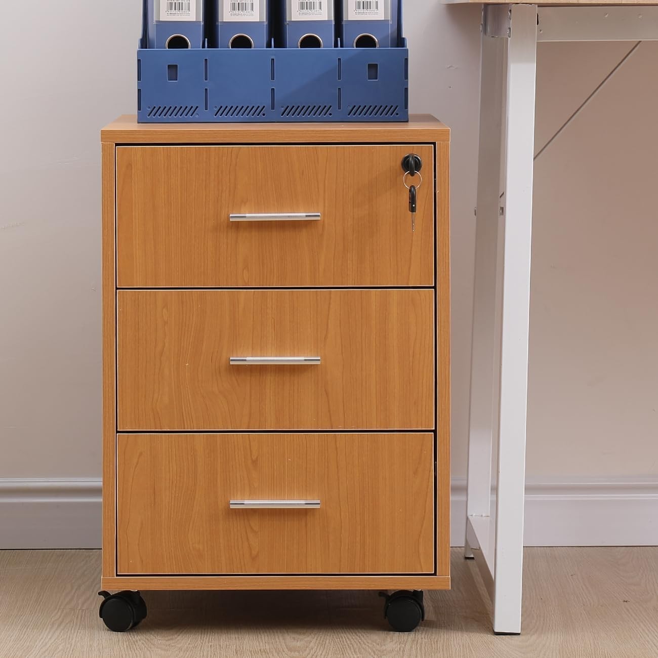 Walnut Mobile Filing Cabinet Lockable 3 Drawer A4 Under Desk Storage