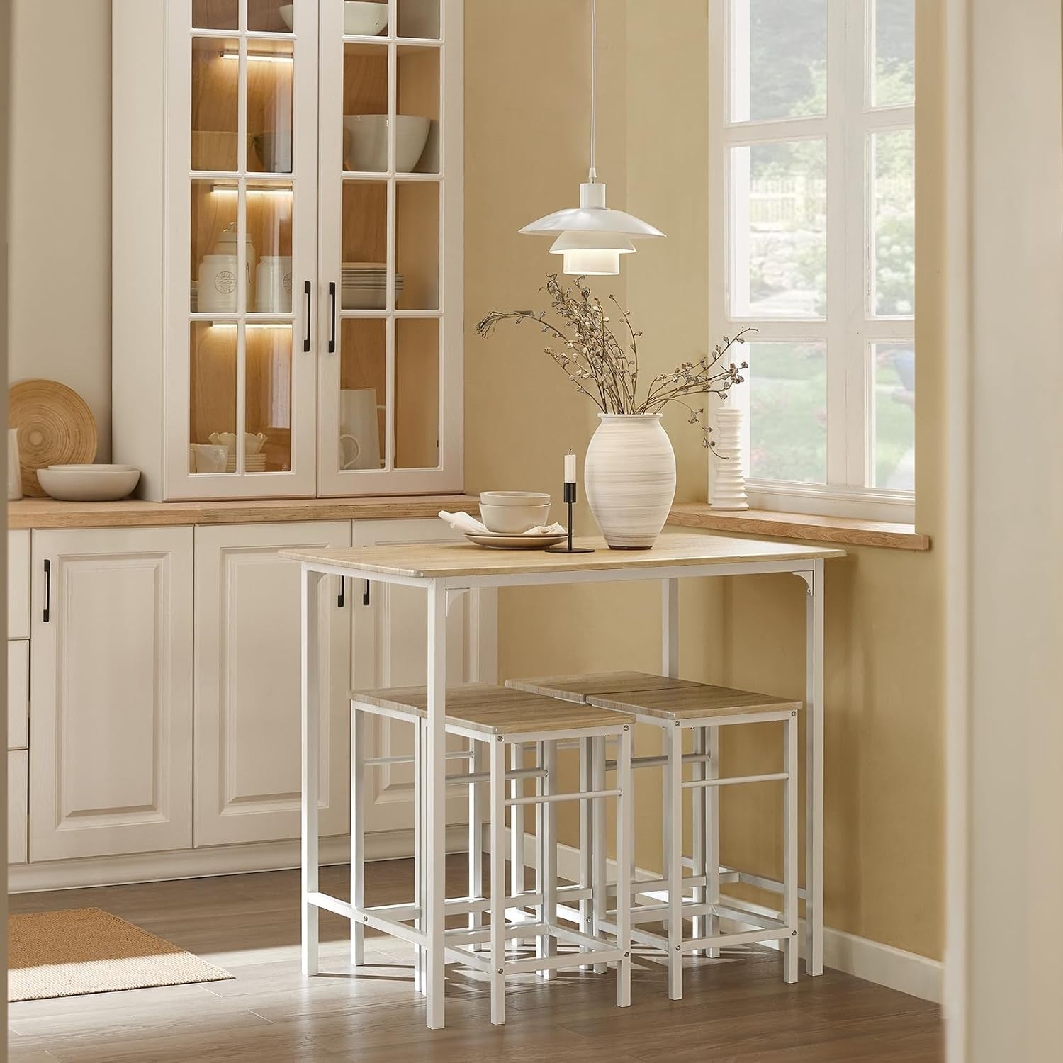 5-Piece Breakfast Bar Table Set with 4 Stools, Space Saving Dining White Natural