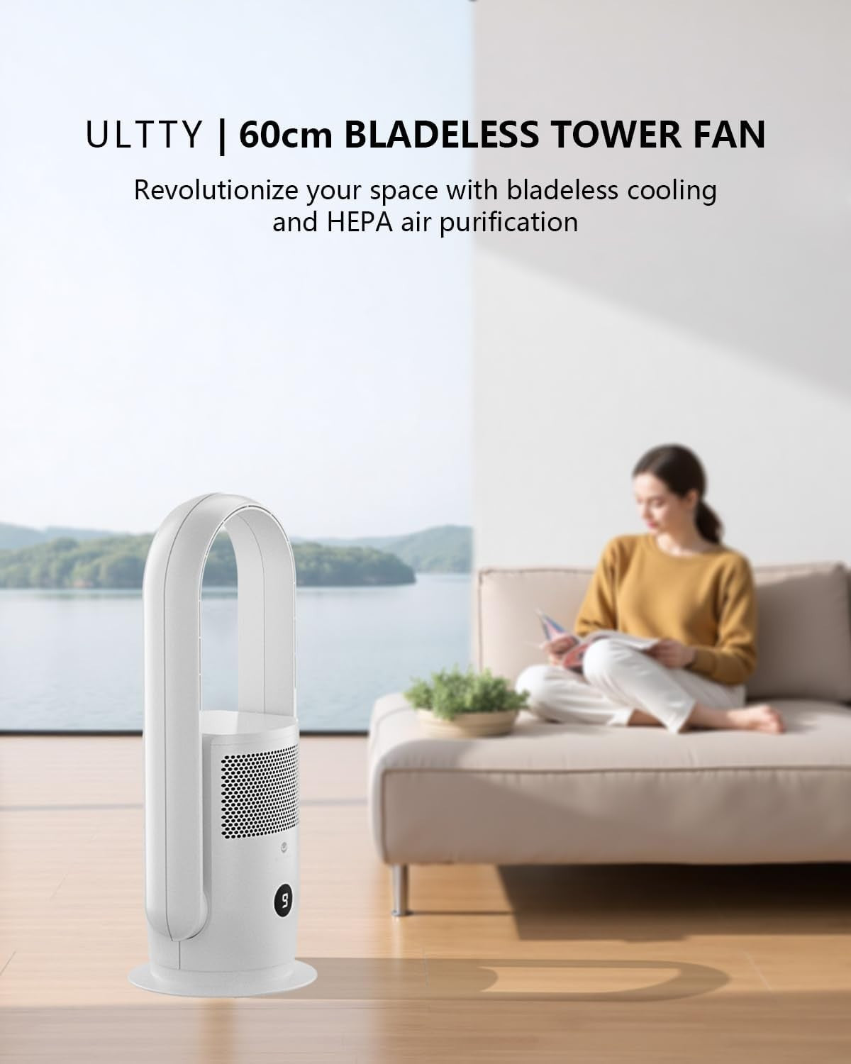 Bladeless Tower Fan w/ HEPA Air Purifier – 9-Speed Quiet Cooling Fan White Timer