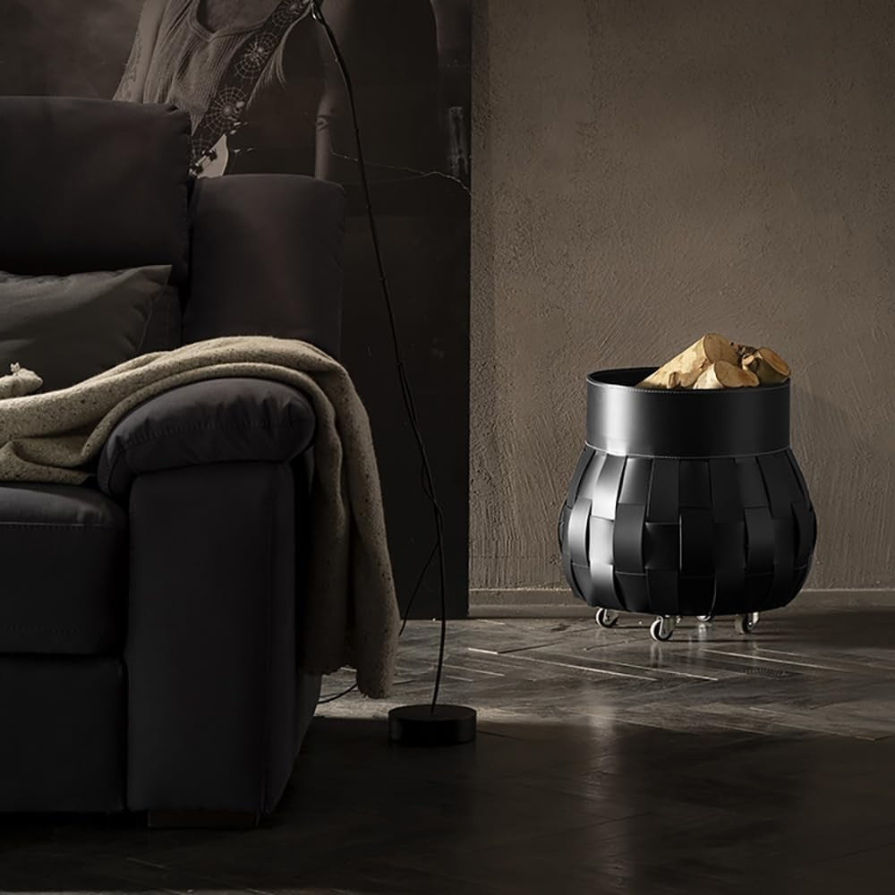 Black Leather Firewood Basket with Wheels – Indoor Log Holder, 45x45x48 cm