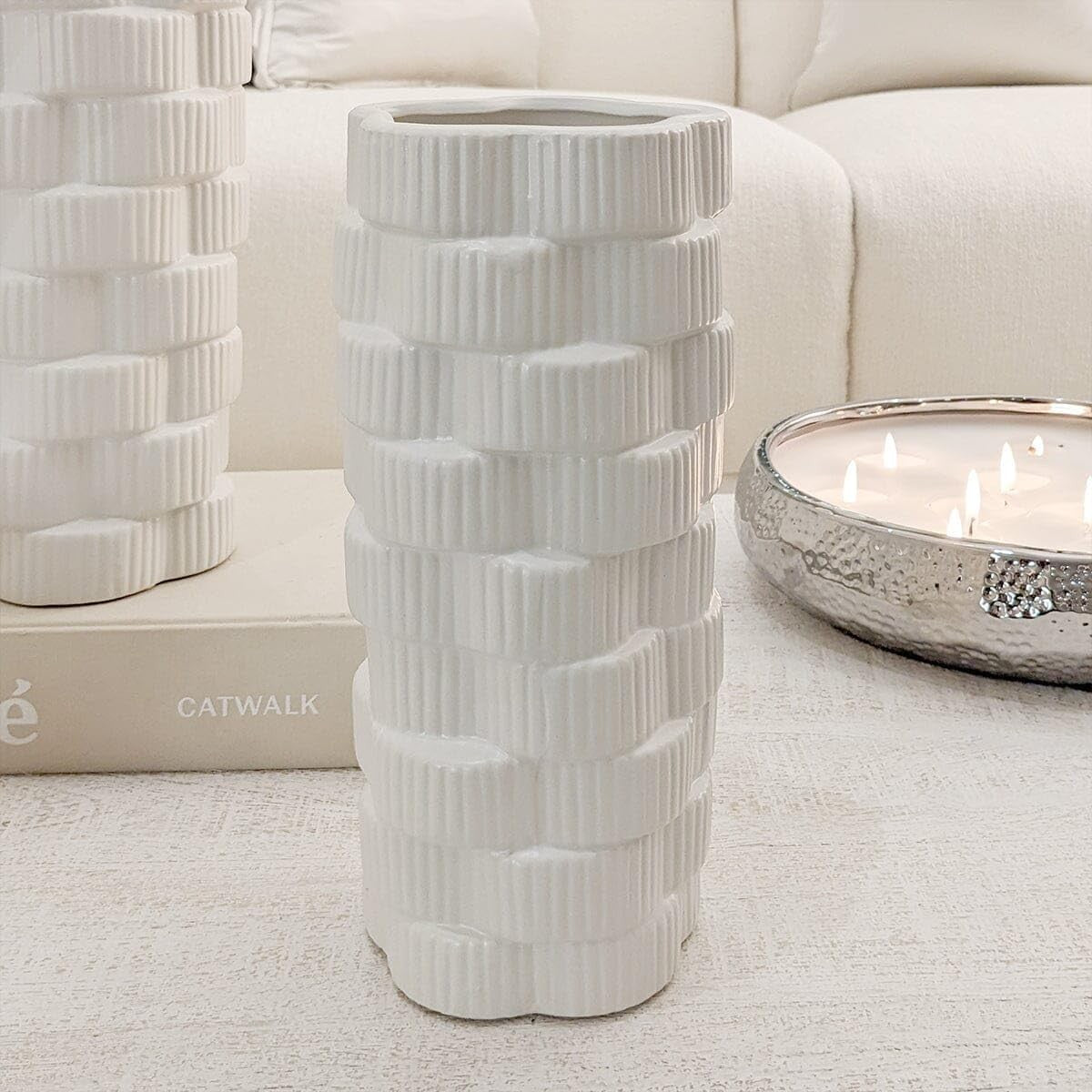 White Ribbed Ceramic Vase 26cm Modern Flower Living Room Table Decor