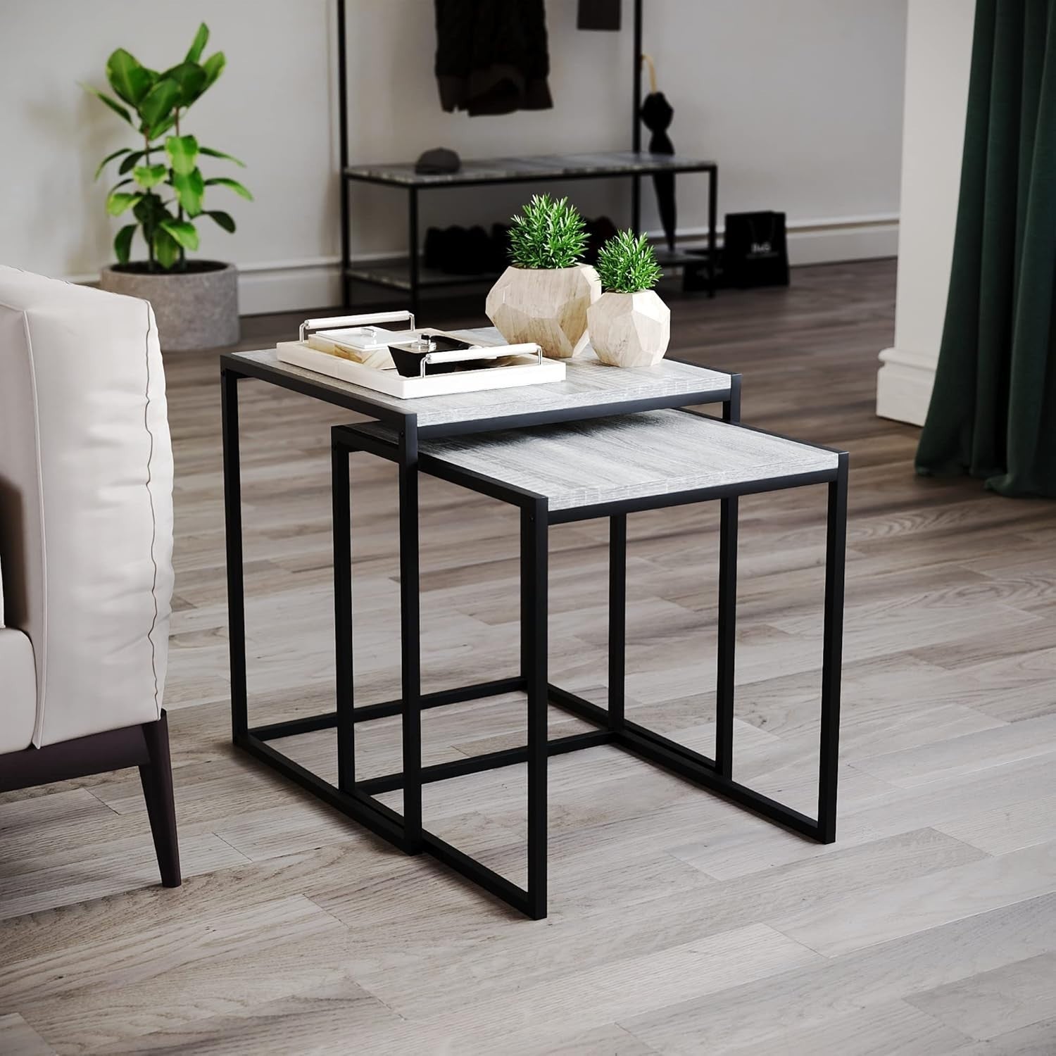 2x Grey Industrial Nesting Tables Set Metal Frame Engineered Wood Side End Coffe