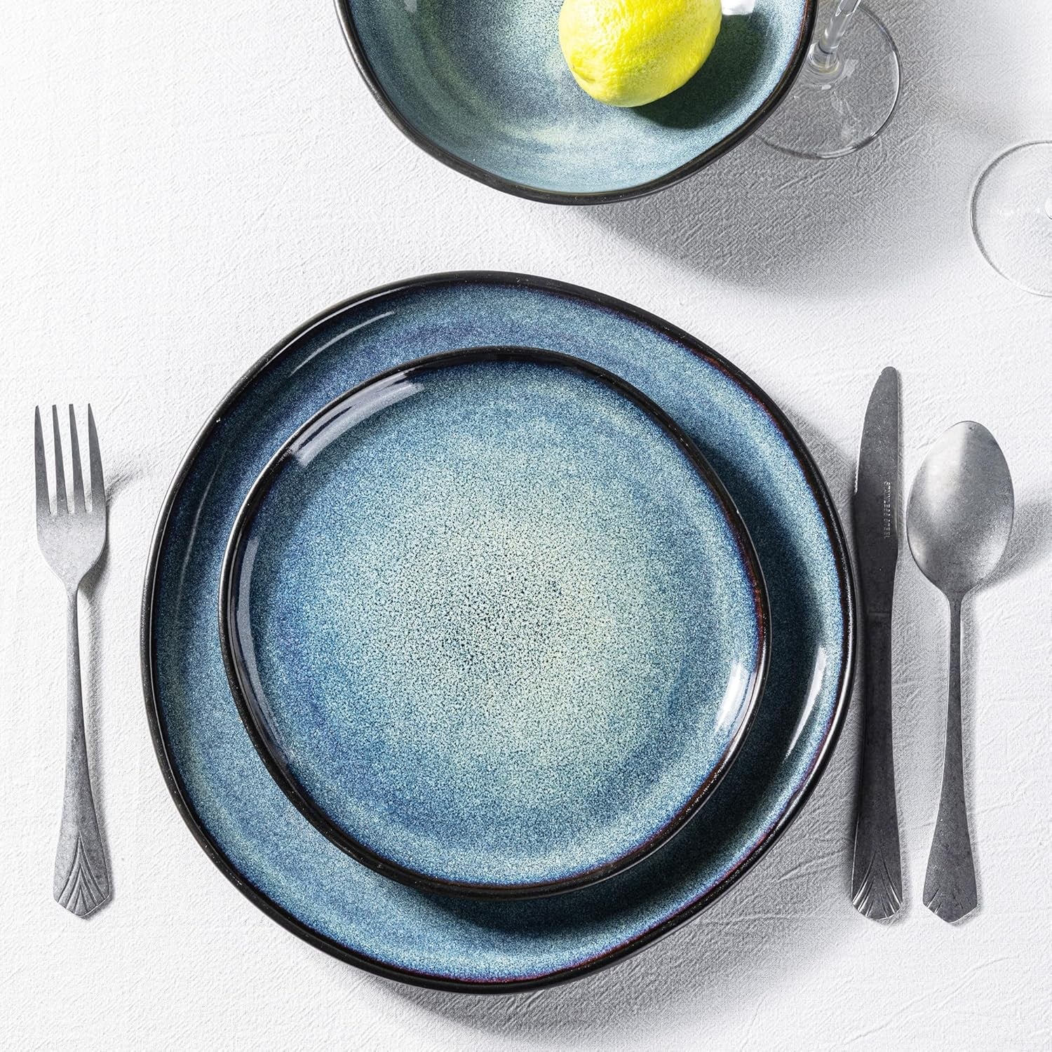 12pc Stoneware Dinnerware Set Reactive Blue Plates Bowls Dishwasher Safe