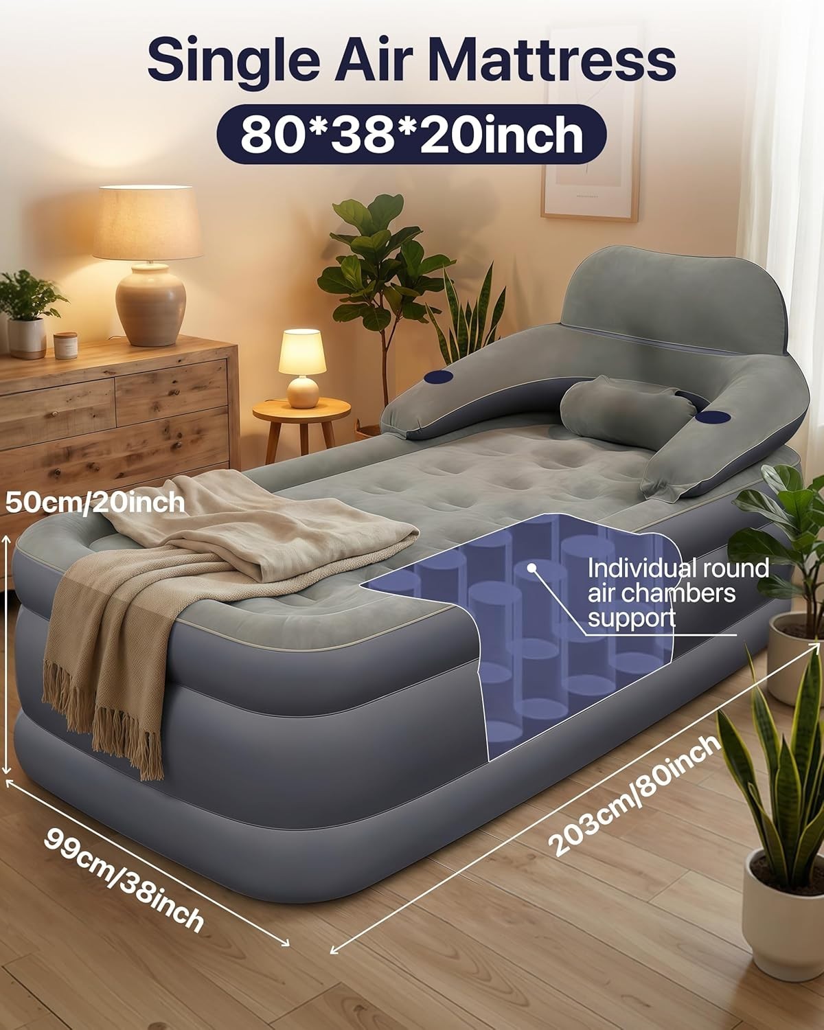 Single Twin XL Air Mattress 50cm Inflatable Bed w/ Headboard & Cup Holder