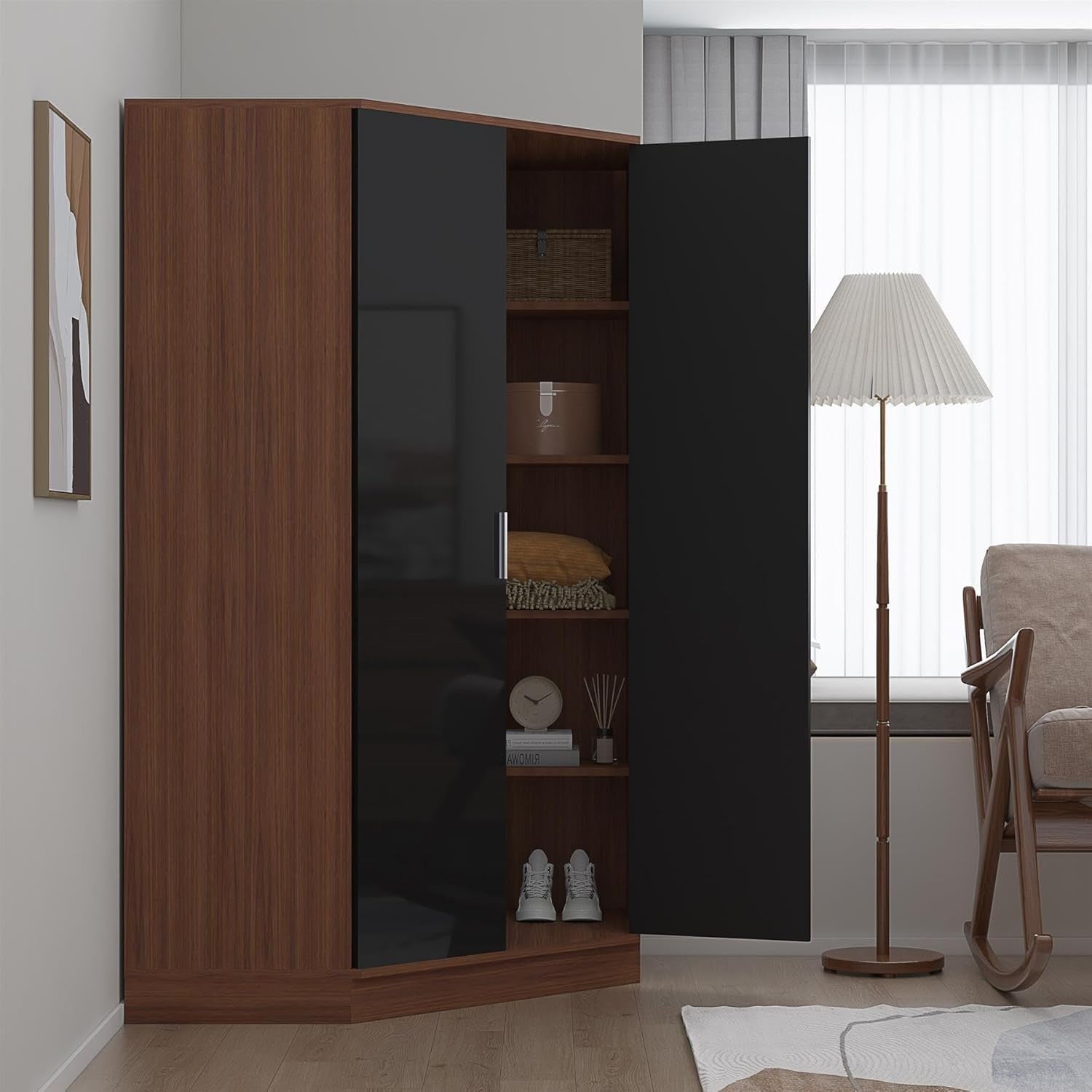 Modern Corner Wardrobe with Black Gloss & Walnut | 2 Doors, 8 Shelves & Rails