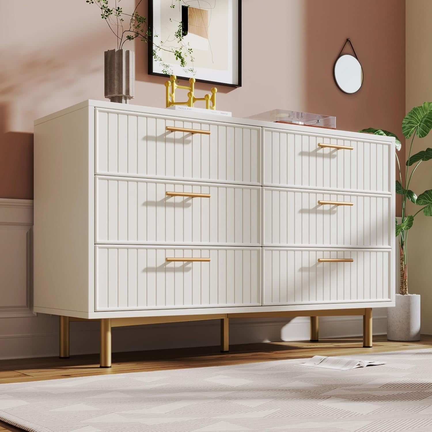 White Gold 6 Drawer Sideboard Cabinet Chest Modern Storage 120cm Wide