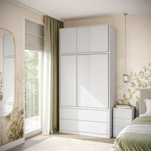 White Sliding Wardrobe 240cm 6 Doors 4 Drawers Bedroom Closet Storage Unit