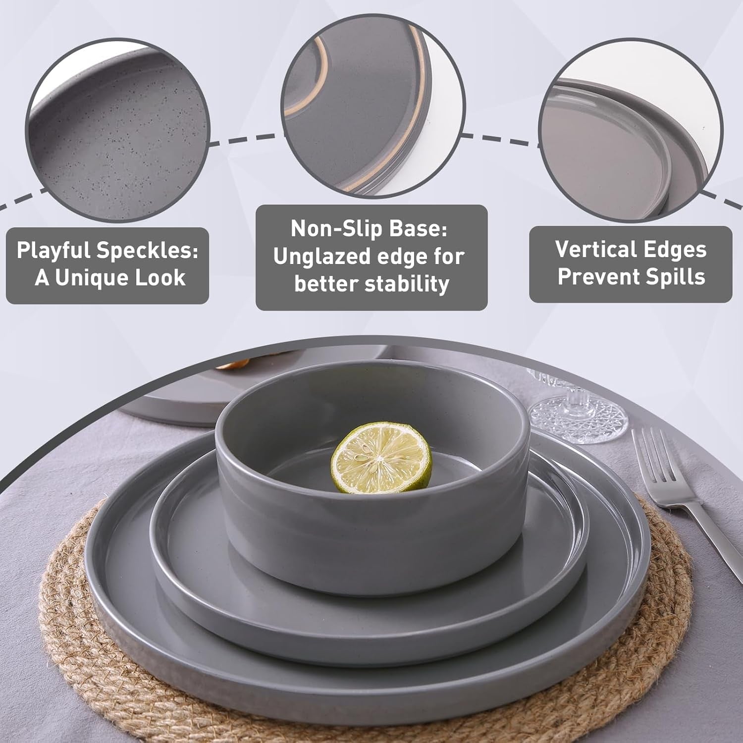 12 Piece Stoneware Dinner Set for 4 Speckled Plates Bowls Dishwasher Safe