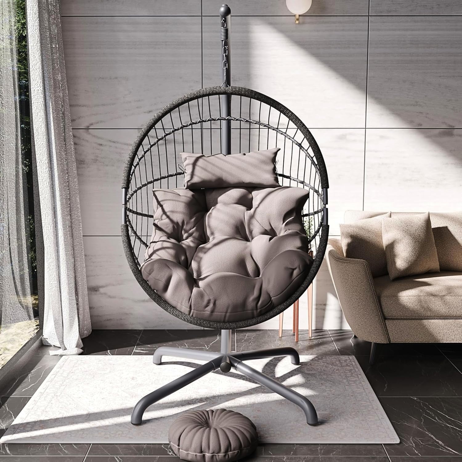 Dark Grey Hanging Egg Chair with Stand Thick Cushion Indoor Outdoor Swing