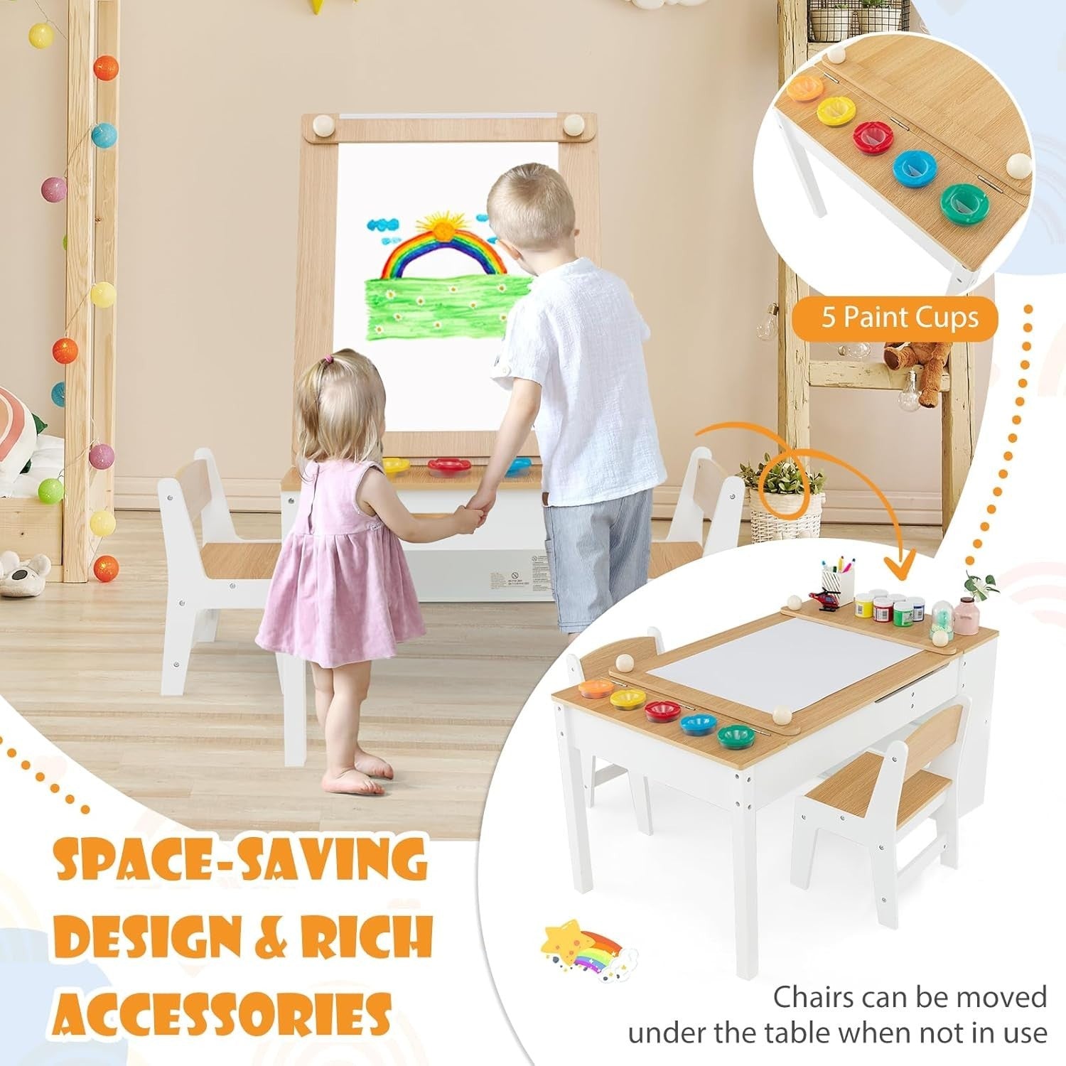 Kids Art Table and Chairs Set with Storage Box Paper Roller Drawing Desk 5 Cups
