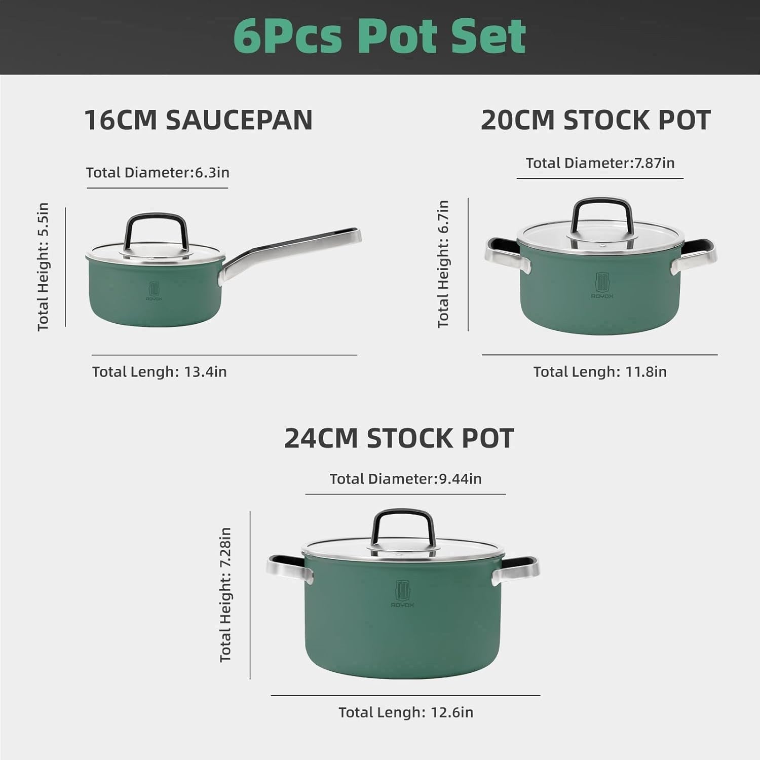 6Pcs Moss Green Stainless Steel Cookware Pot Set with Glass Lids Induction Safe