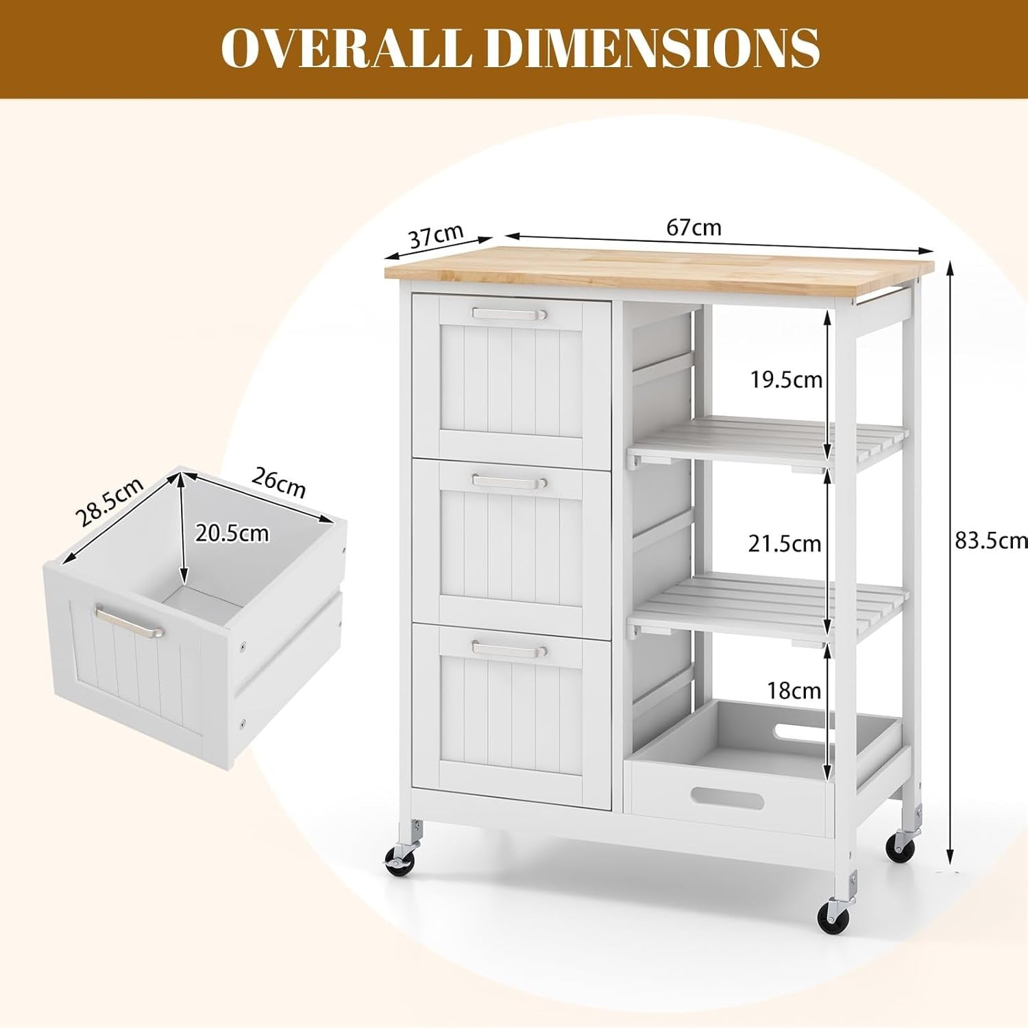 Rolling Kitchen Storage Trolley with Worktop, 3 Drawers & Shelves – Mobile Utili