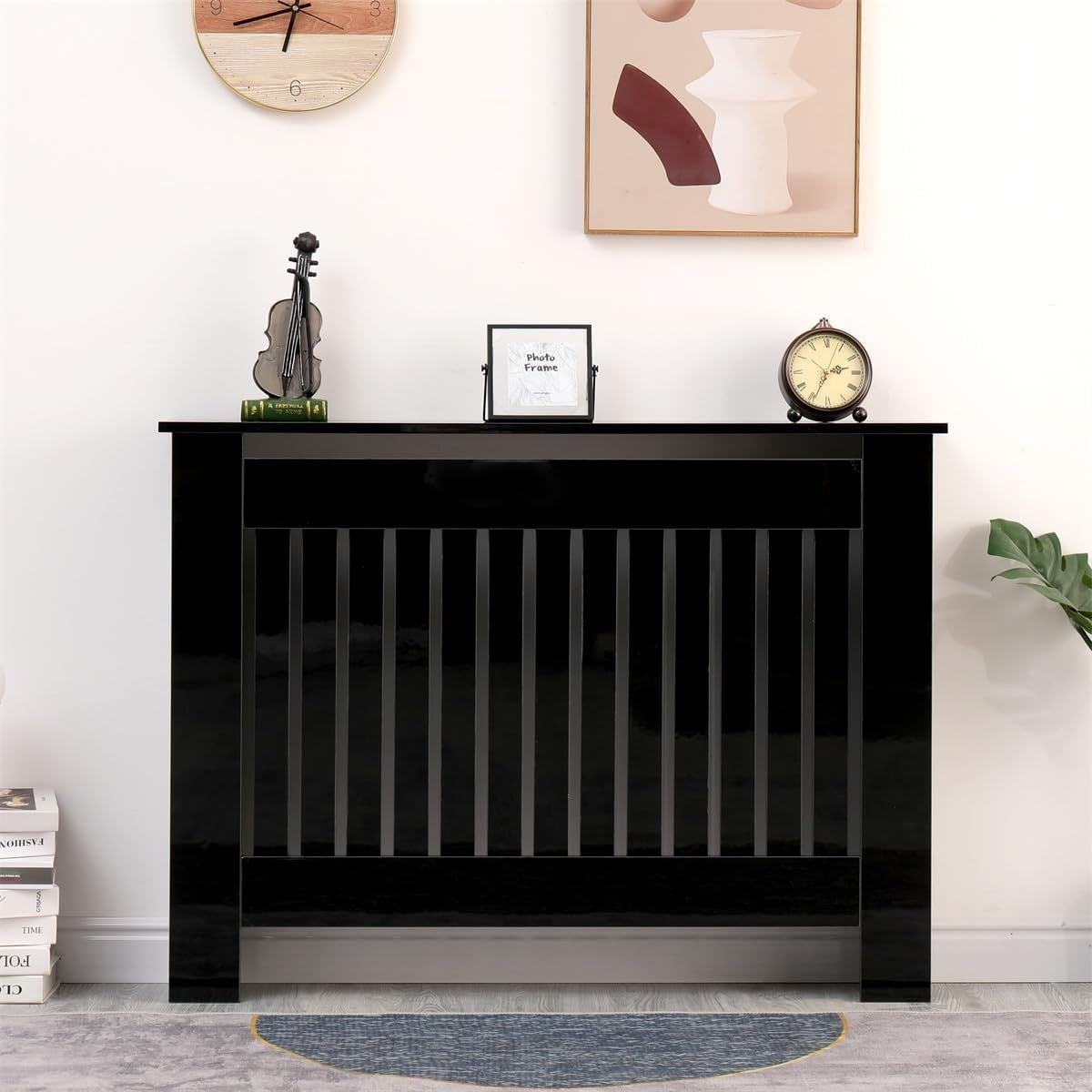 High Gloss Black Radiator Cover Medium Modern Slatted Cabinet 111cm Heating Unit