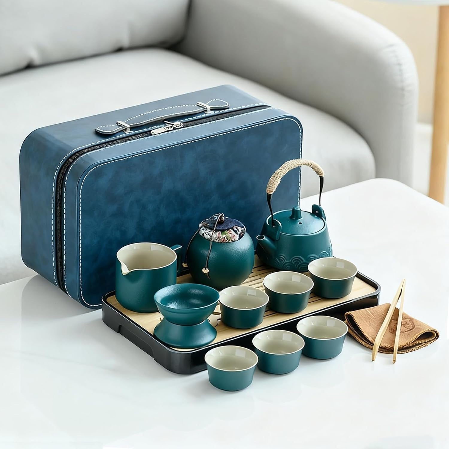 14Pc Gongfu Tea Set Green Ceramic Teapot Cups Tray Strainer Case