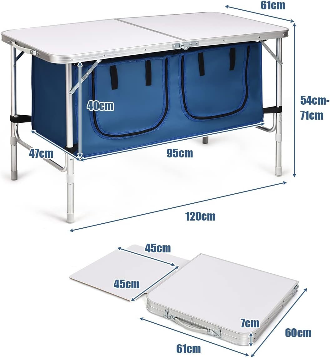 Adjustable Folding Camping Table with Storage Cupboard Organizer Portable