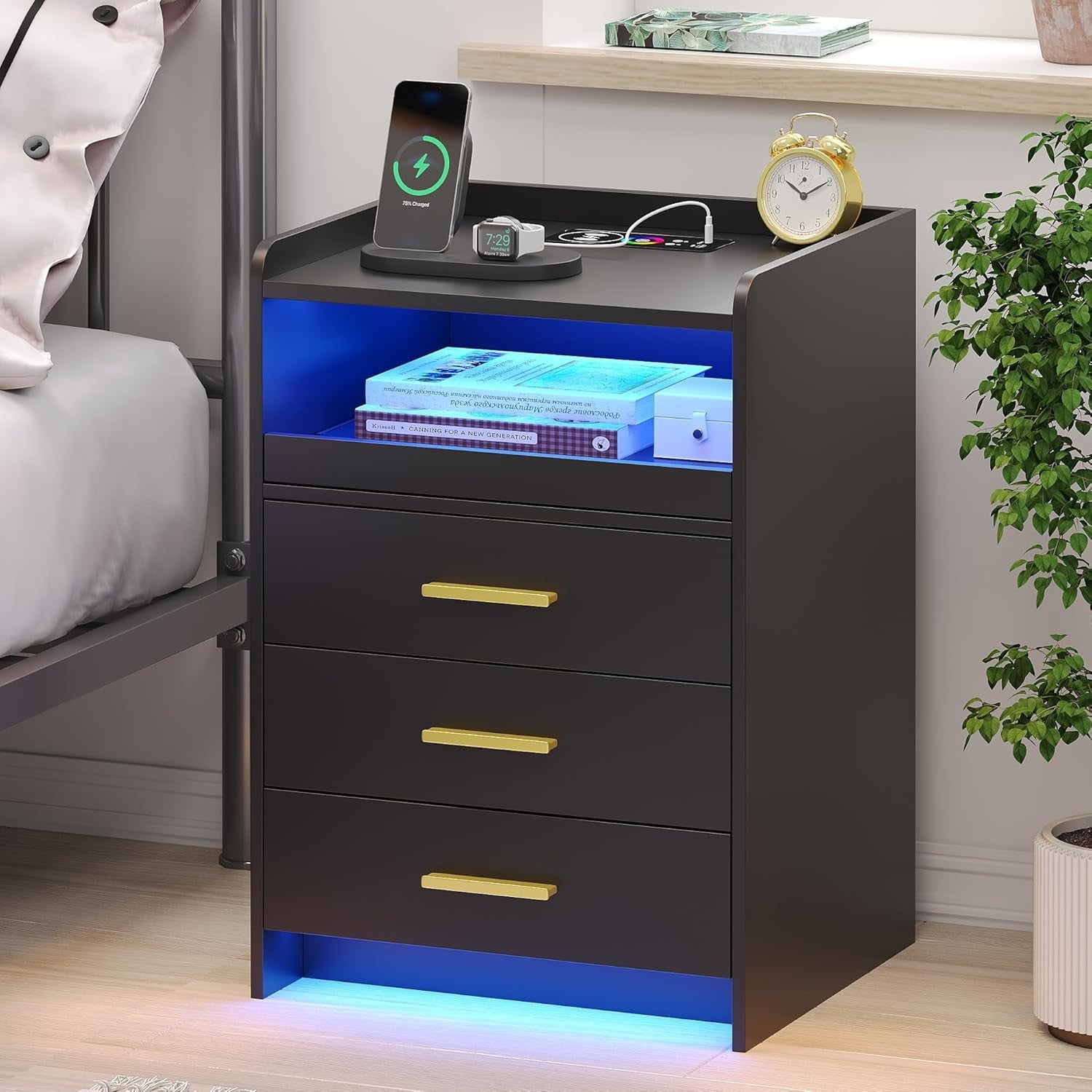 Black Bedside Table with LED Light, Charging Ports & 3 Drawer Storage Unit