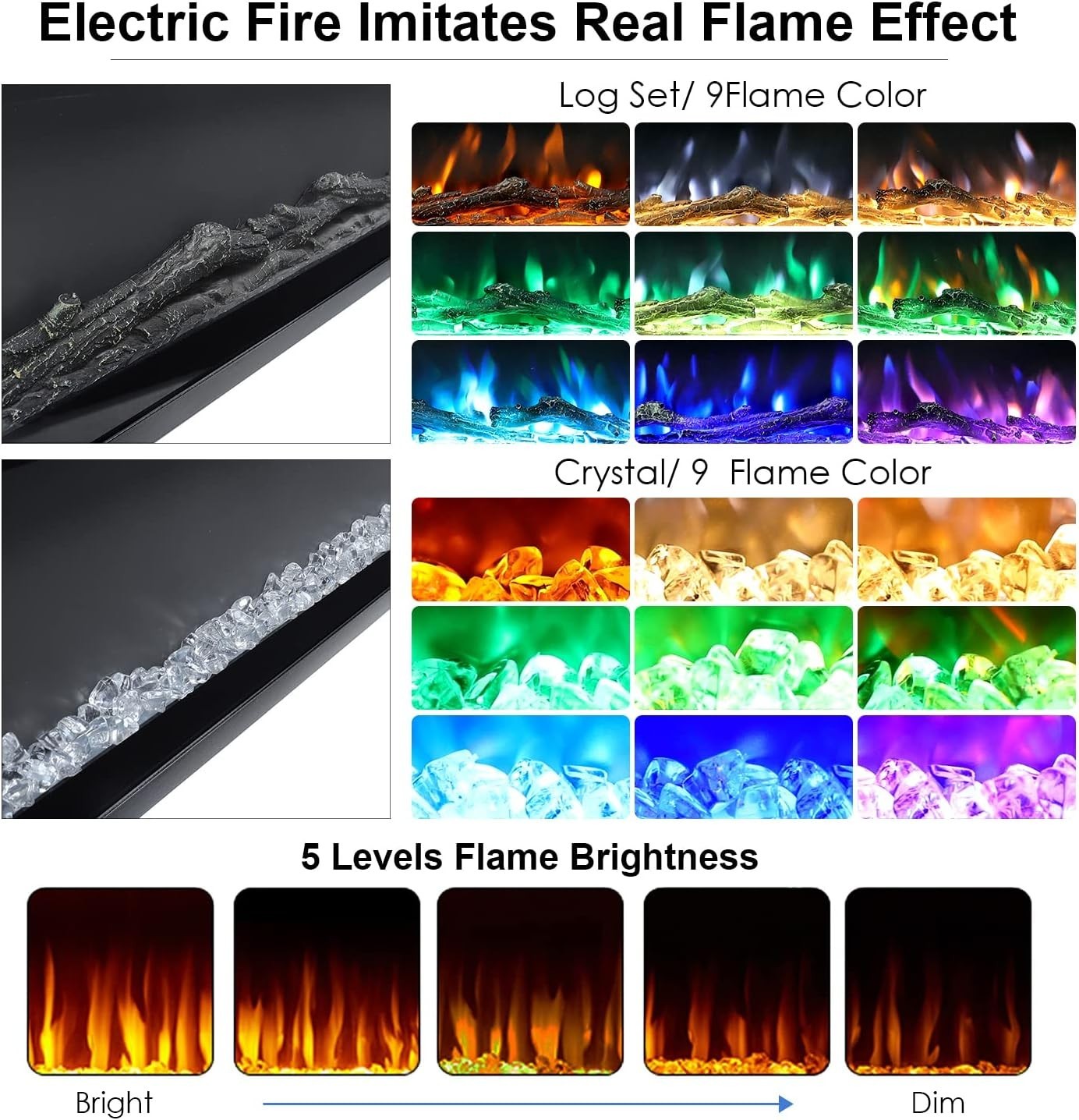 40" Electric Wall Fireplace 3-in-1 LED Flame Effect Remote Control Heater