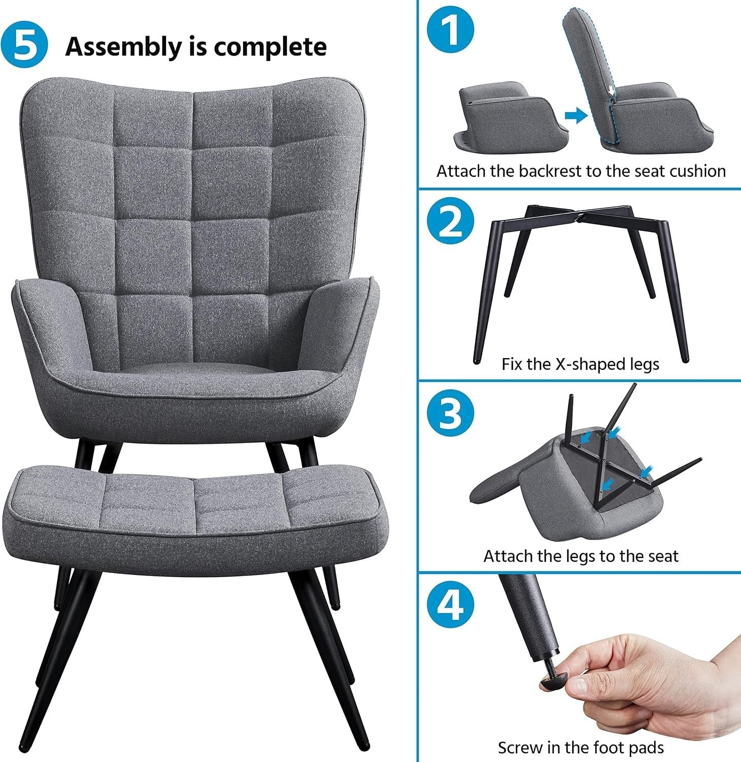Modern Oversized Gray Linen Accent Chair with Ottoman - High Back Living Room