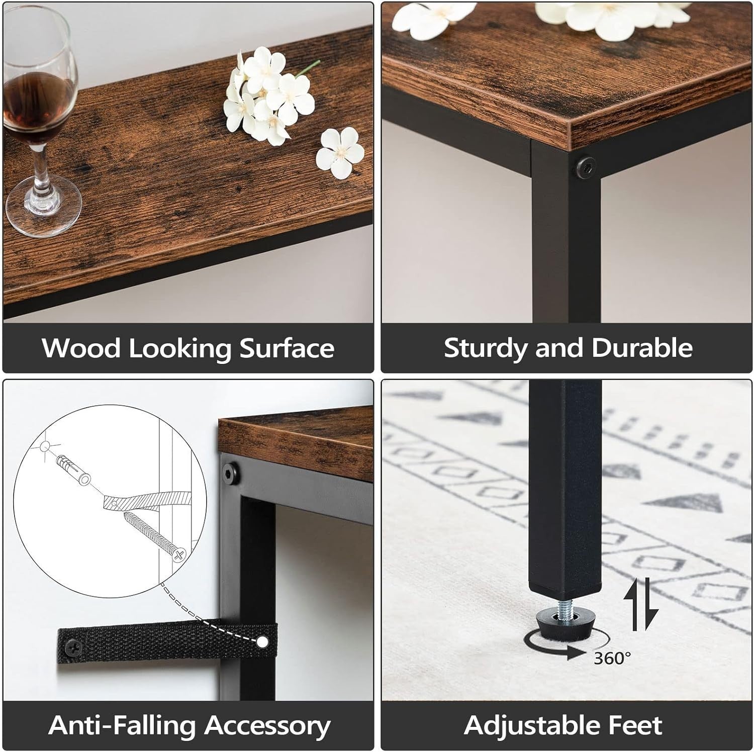 Narrow Sofa Console Table with USB & Power Strip, Rustic Wood, 180cm