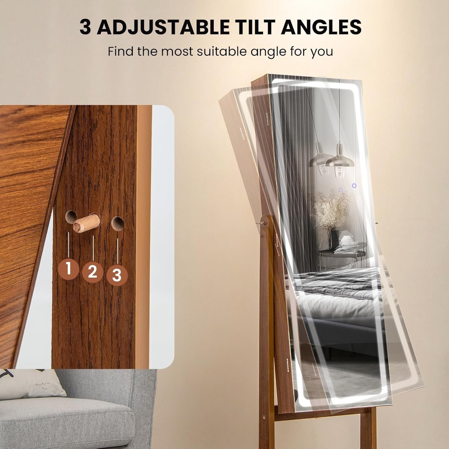 Walnut LED Jewellery Cabinet Full Length Mirror Adjustable Lockable Armoire