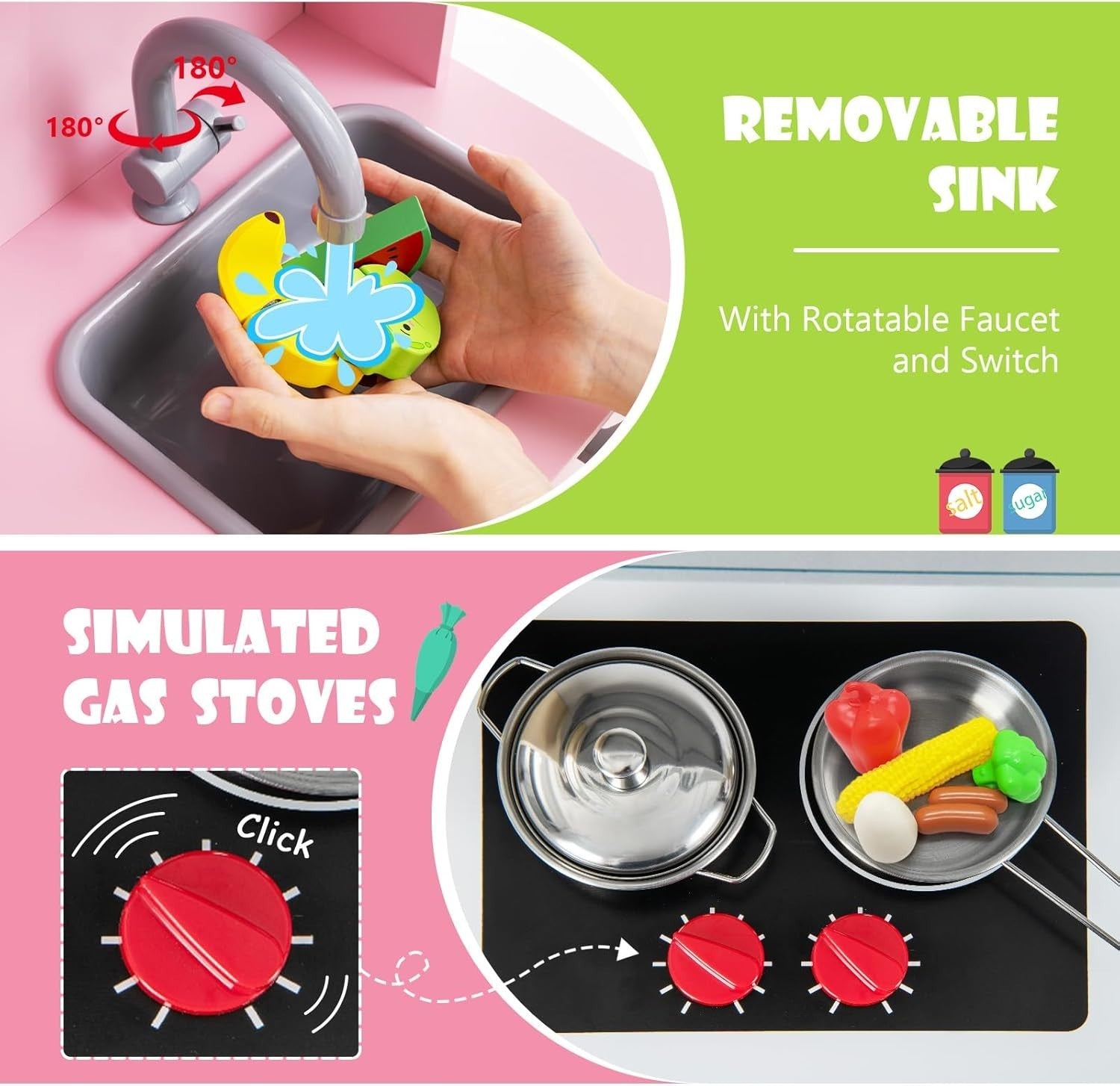 Wooden Kids Play Kitchen Pink Toy Set Microwave Oven Ice Maker Sound