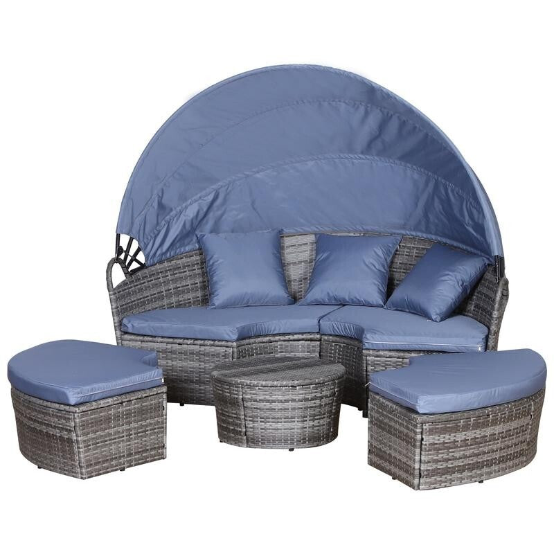 6 Seater Rattan Garden Sofa Bed Set with Canopy Coffee Table Cushions Grey