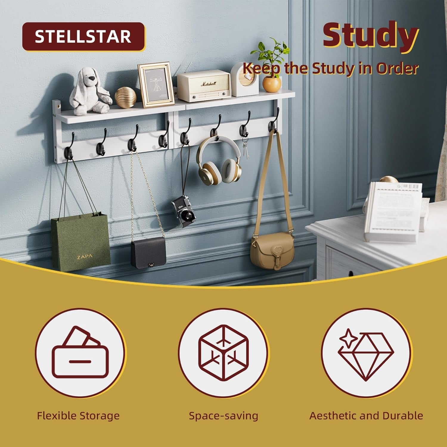 Wall Mounted Coat Rack with Shelf Set of 2 Bamboo Hooks Hallway Organizer