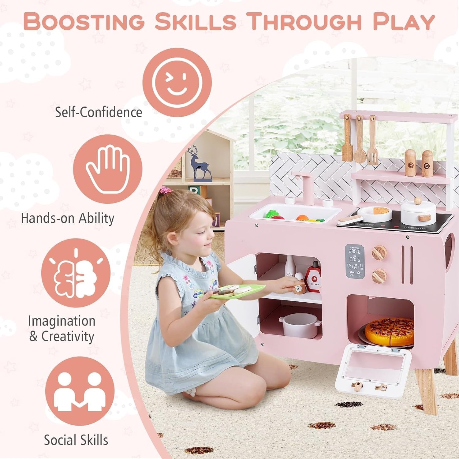 Kids Wooden Play Kitchen Pink w/ Oven Sink Stove Accessories