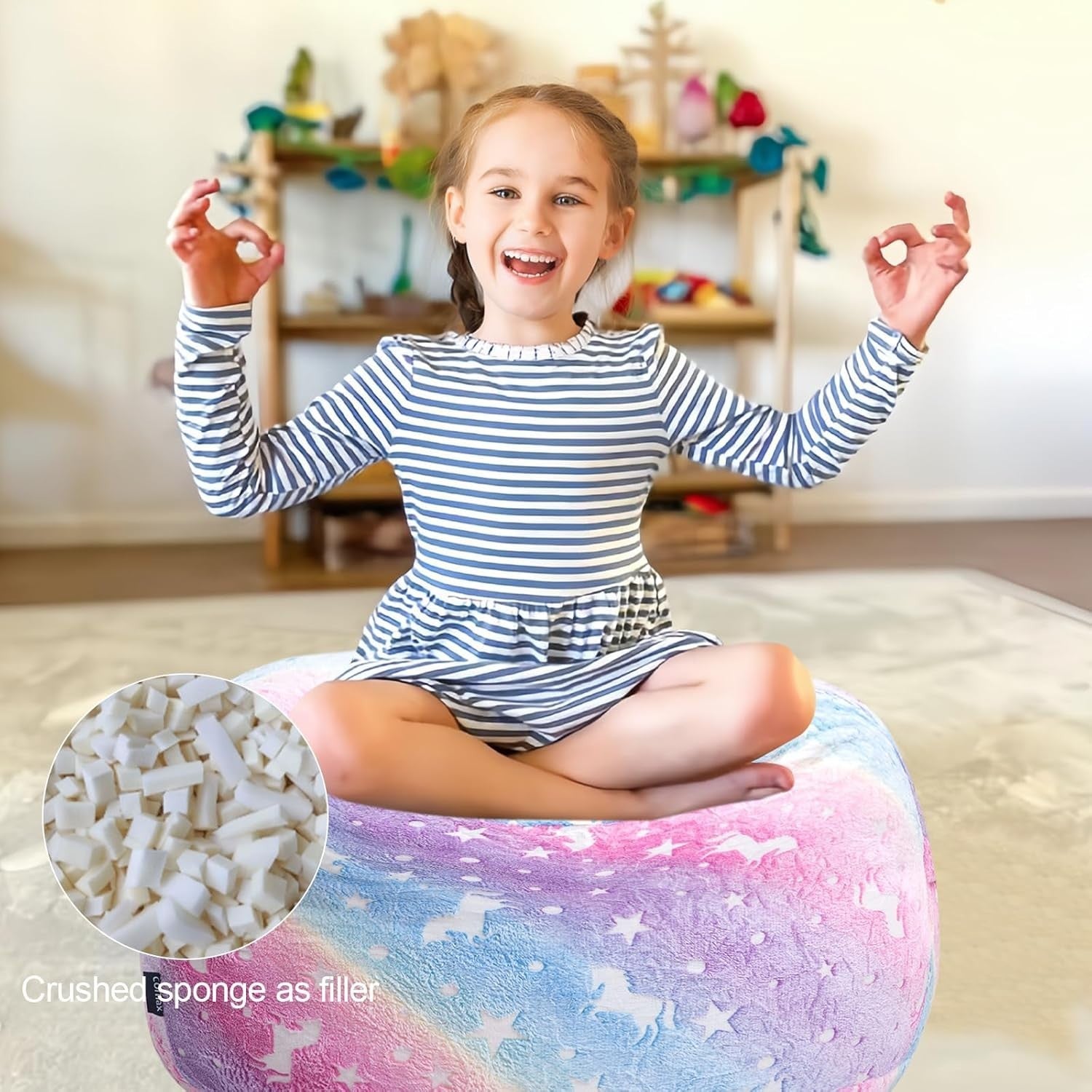 Kids Bean Bag Chair Bed 2-in-1 Rainbow Floor Sofa Soft Washable Foam