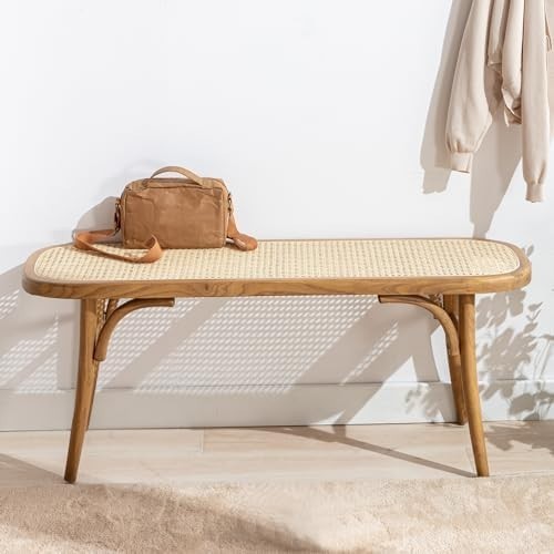 Natural Rattan Ottoman Bench with Wood Legs – Retro Hallway & Dining Seat