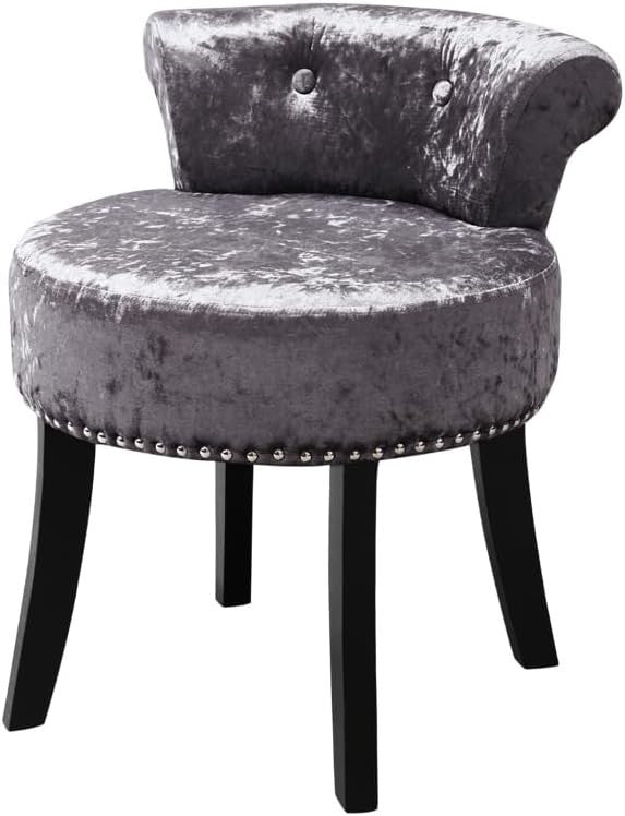 Dark Grey Velvet Dressing Table Stool with Wooden Legs & Tufted Back