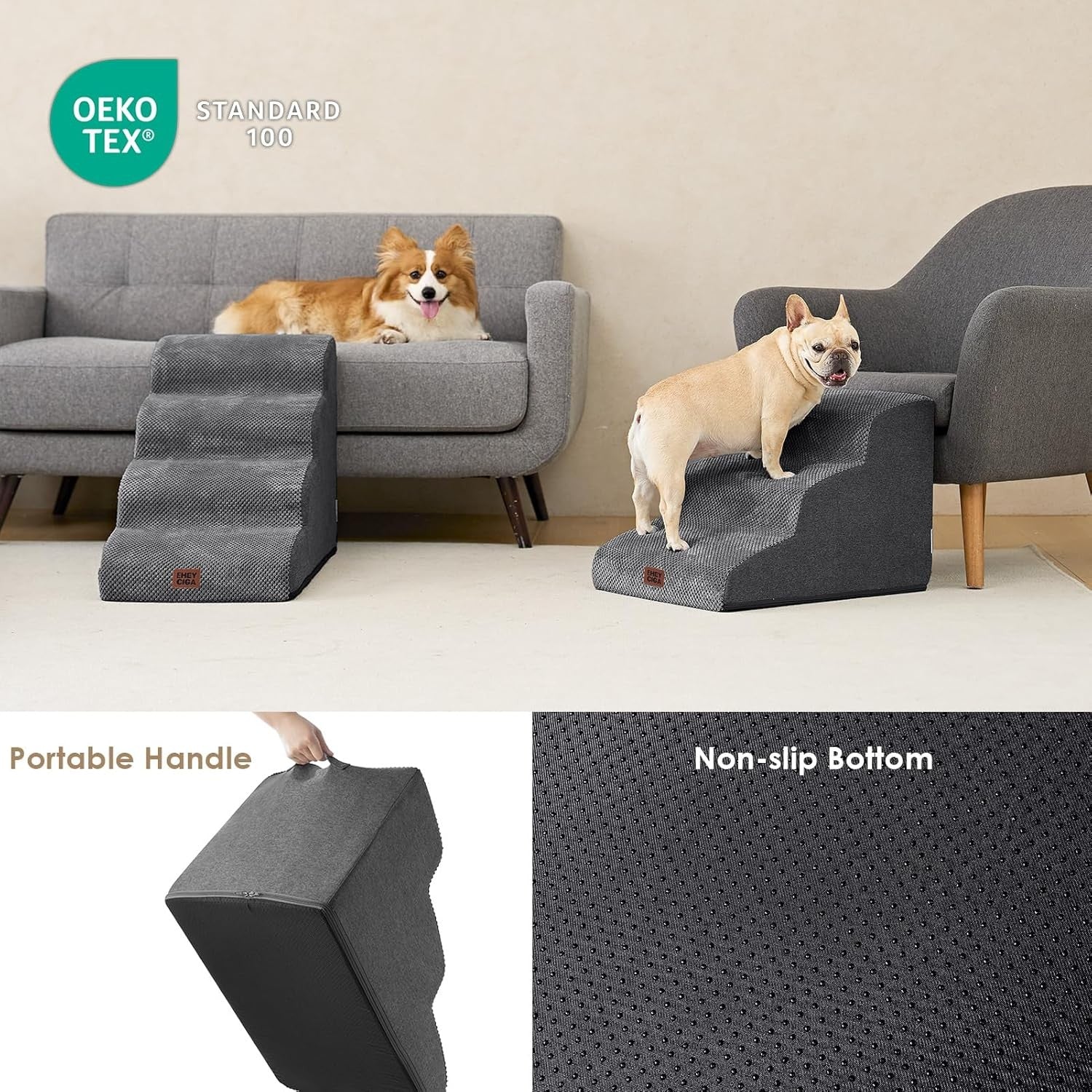 3 Step Dog Stairs for Bed Sofa Non Slip Foam Pet Steps Washable Grey