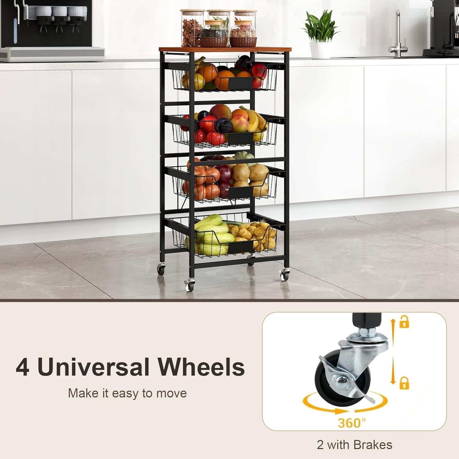 5 Tier Rolling Storage Cart Utility Trolley Pull Out Baskets Wheels