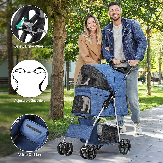Dog Stroller 4 Wheel Folding Pet Buggy with Storage Basket Travel