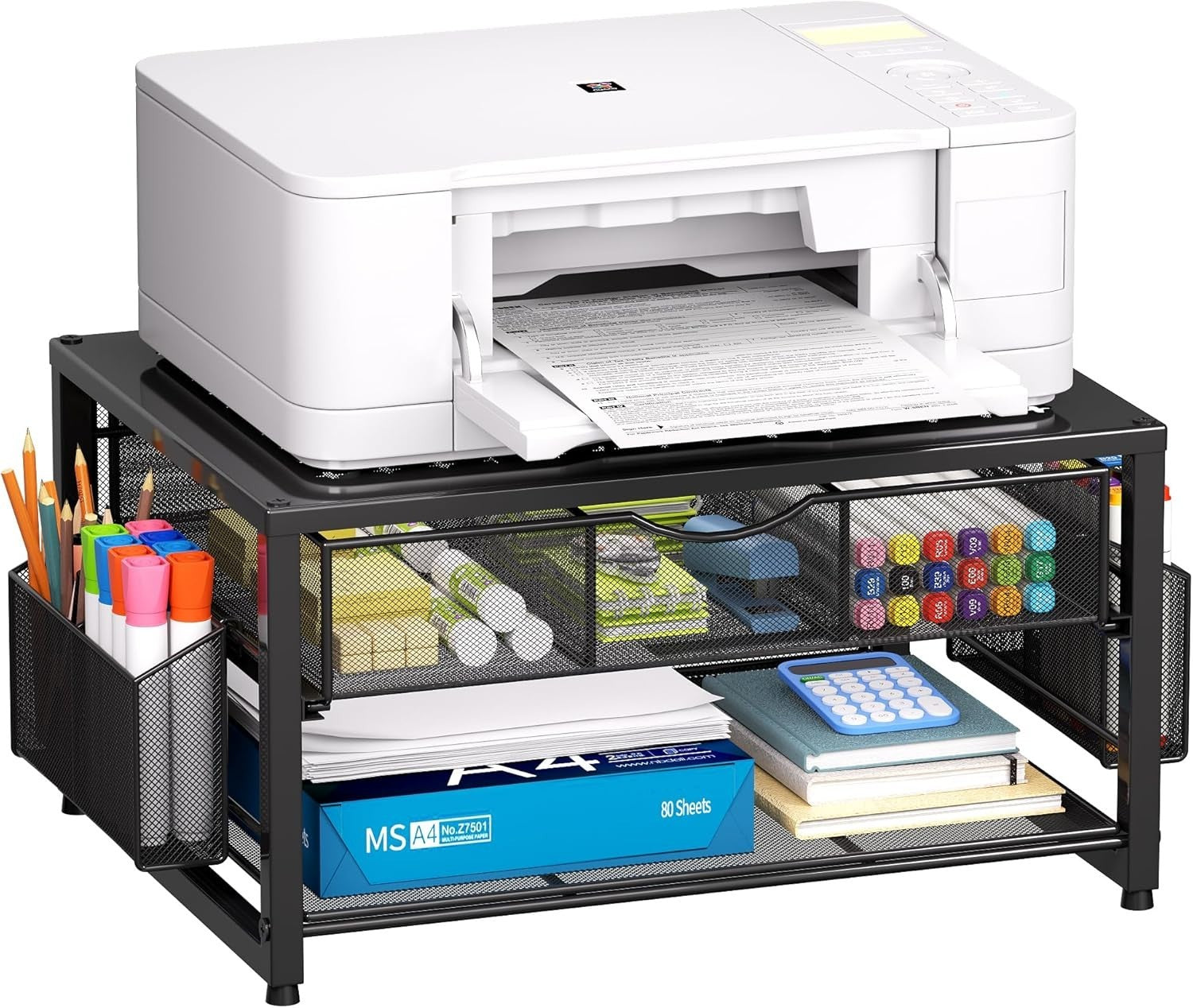 2-Tier Black Desktop Printer Stand with Drawer, Pen & Paper Organizer