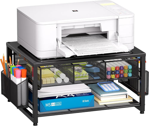 2-Tier Black Desktop Printer Stand with Drawer, Pen & Paper Organizer