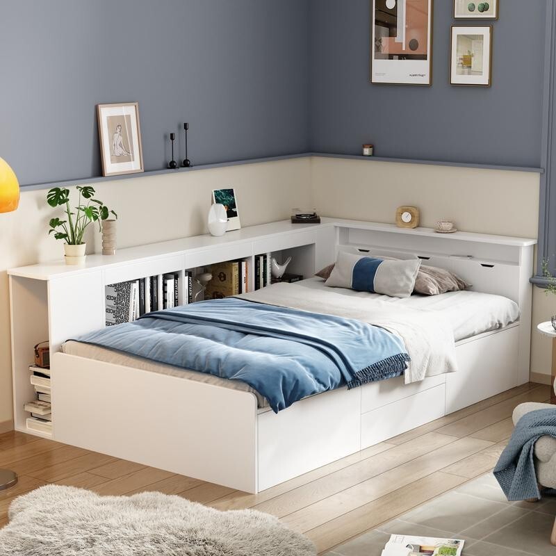 White Kids Single Storage Bed 3FT with Drawers Shelves Bookcase Frame 90x190cm