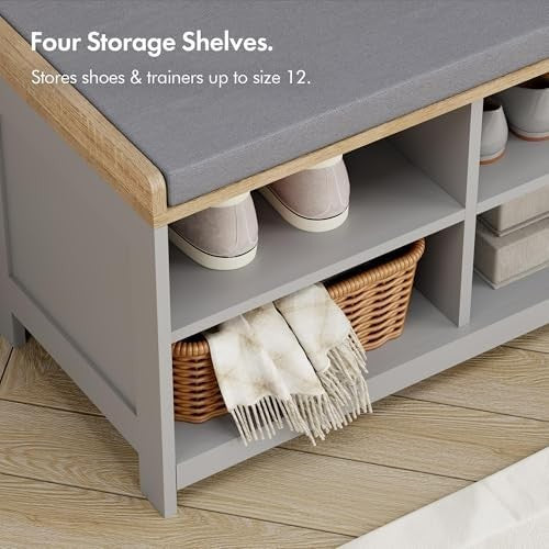 Grey Shoe Storage Bench with Cushion & 4 Shelves – Modern Hallway Unit